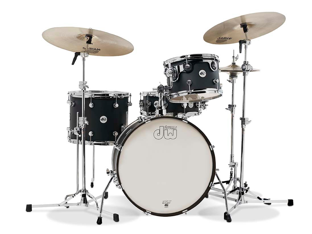 DW Design Series Frequent Flyer 4-Piece Maple Shell Pack, Black Satin Lacquer w/Chrome Hardware; 8x12, 11x14, 12x20, 5x14 (DDLM2004BL) | Musician Madness
