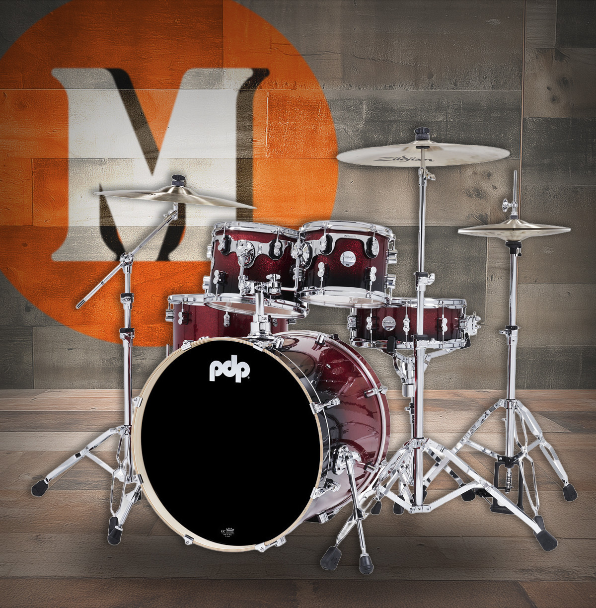 PDP Concept Maple 5-Piece Shell Pack - Red to Black Fade Lacquer w/Chrome Hardware (PDCM2215RB)