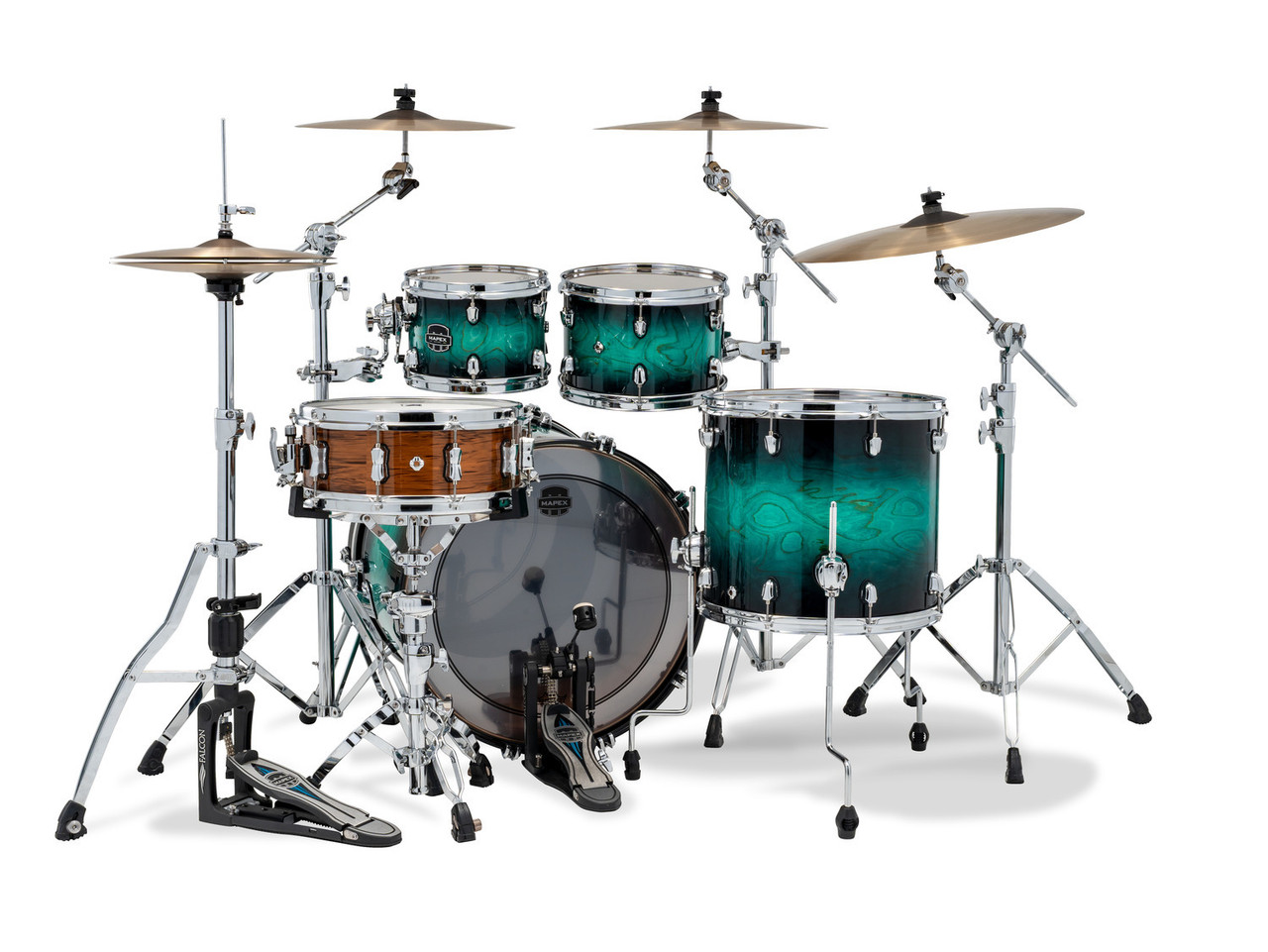 Mapex Saturn VI Rock 4 Piece Shell Pack Without Snare - Marine Teal Burst (SR529XUZXT) | Musician Madness