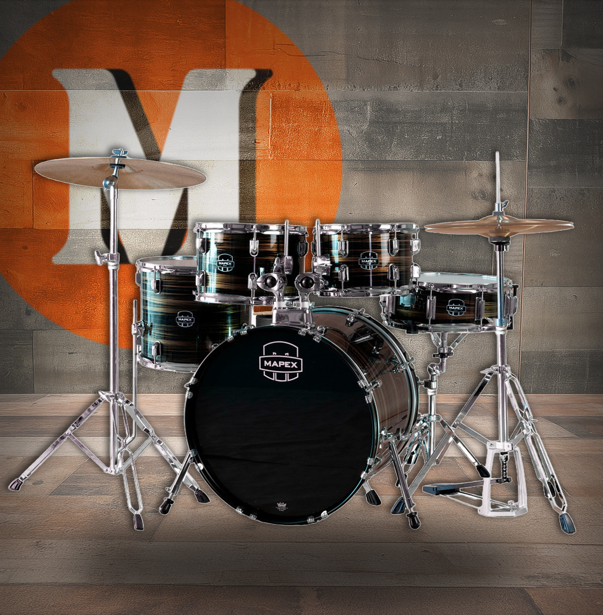 Mapex Comet 5 Piece Complete Setup 22 In. -  Ebony Yellow Grain (CM5294FTCFJ) | Musician Madness