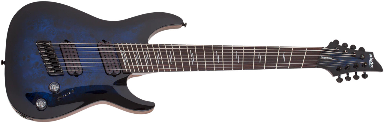 Schecter Omen Elite-8 MS 8-String â€“ See-Thru Blue Burst (2467-SHC) featuring multiscale fingerboard, high-output humbuckers, contoured body, and a stunning figured top designed for modern extended-range performance.
