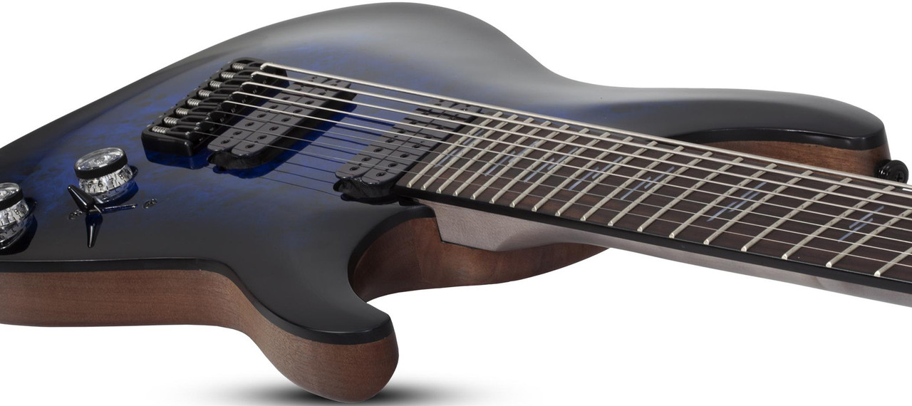 Schecter Omen Elite-8 MS 8-String – See-Thru Blue Burst (2467-SHC) featuring multiscale fingerboard, high-output humbuckers, contoured body, and a stunning figured top designed for modern extended-range performance.