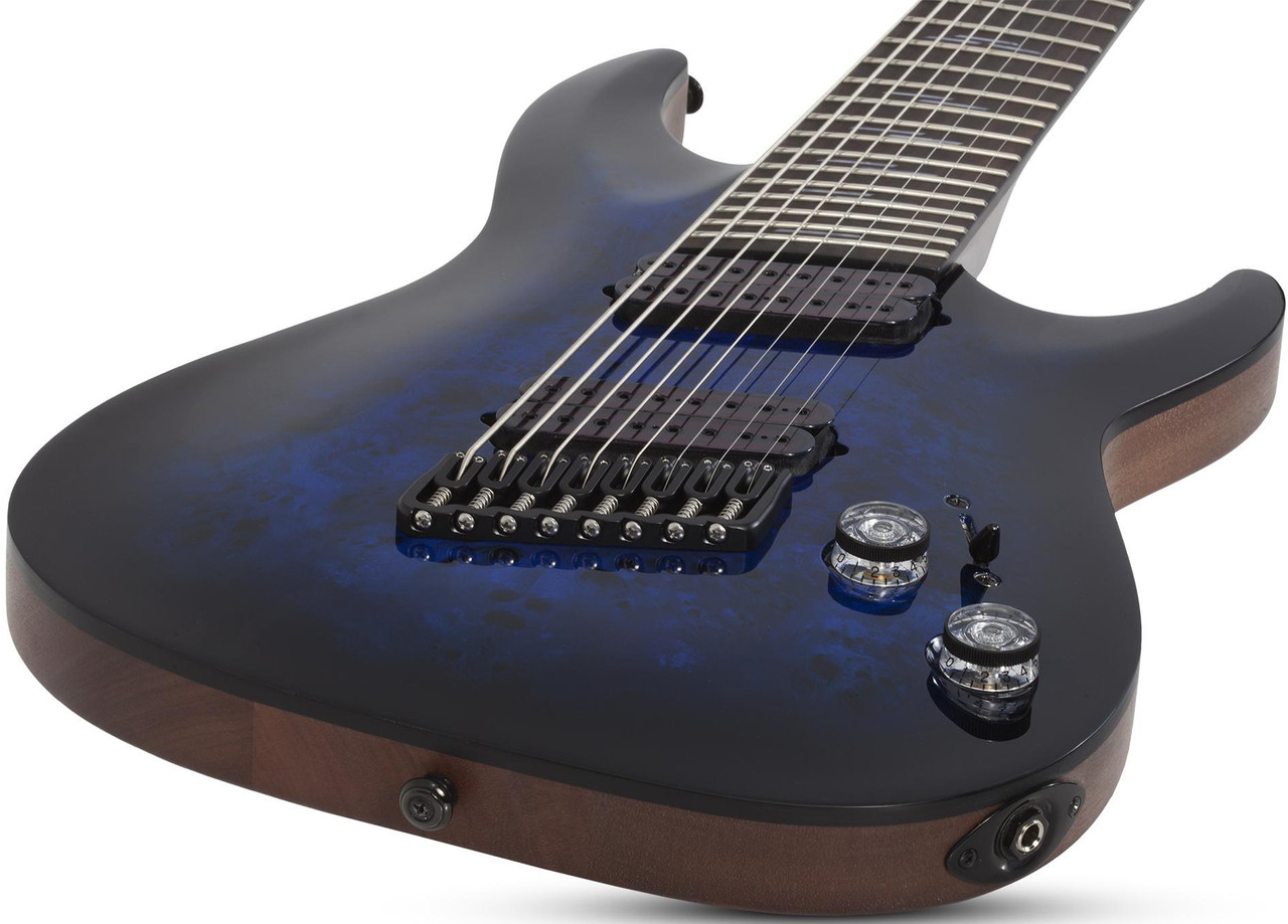 Schecter Omen Elite-8 MS 8-String – See-Thru Blue Burst (2467-SHC) featuring multiscale fingerboard, high-output humbuckers, contoured body, and a stunning figured top designed for modern extended-range performance.