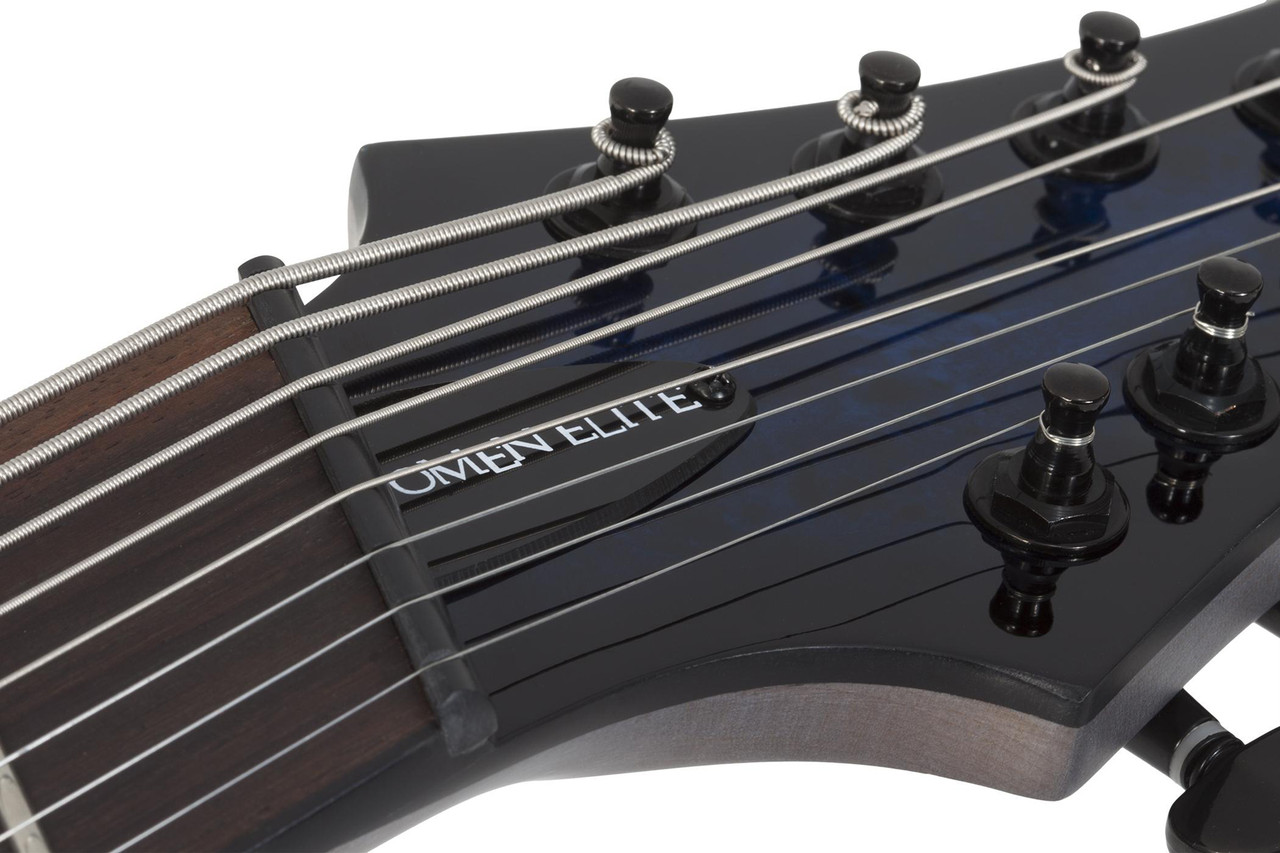 Schecter Omen Elite-8 MS 8-String – See-Thru Blue Burst (2467-SHC) featuring multiscale fingerboard, high-output humbuckers, contoured body, and a stunning figured top designed for modern extended-range performance.