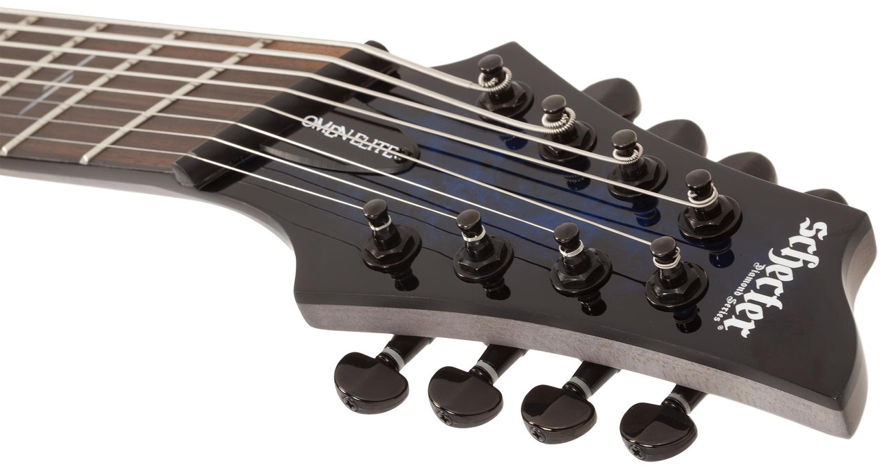 Schecter Omen Elite-8 MS 8-String â€“ See-Thru Blue Burst (2467-SHC) featuring multiscale fingerboard, high-output humbuckers, contoured body, and a stunning figured top designed for modern extended-range performance.