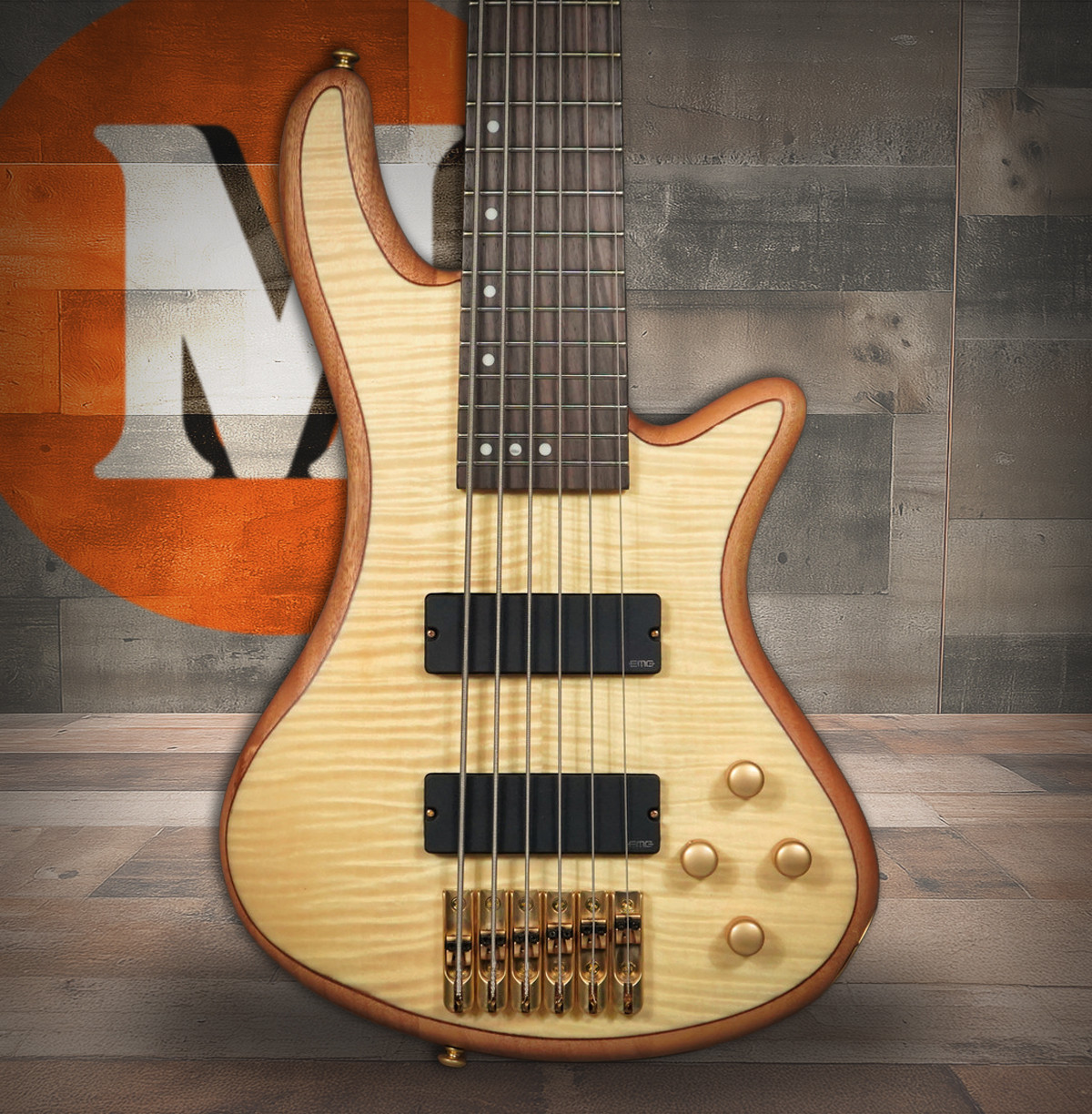 Schecter Stiletto Custom-6 Bass Guitar – Natural Satin (NAT) finish featuring 6-string design, EMG pickups, active 3-band EQ, and contoured mahogany body for smooth, powerful tone and modern versatility