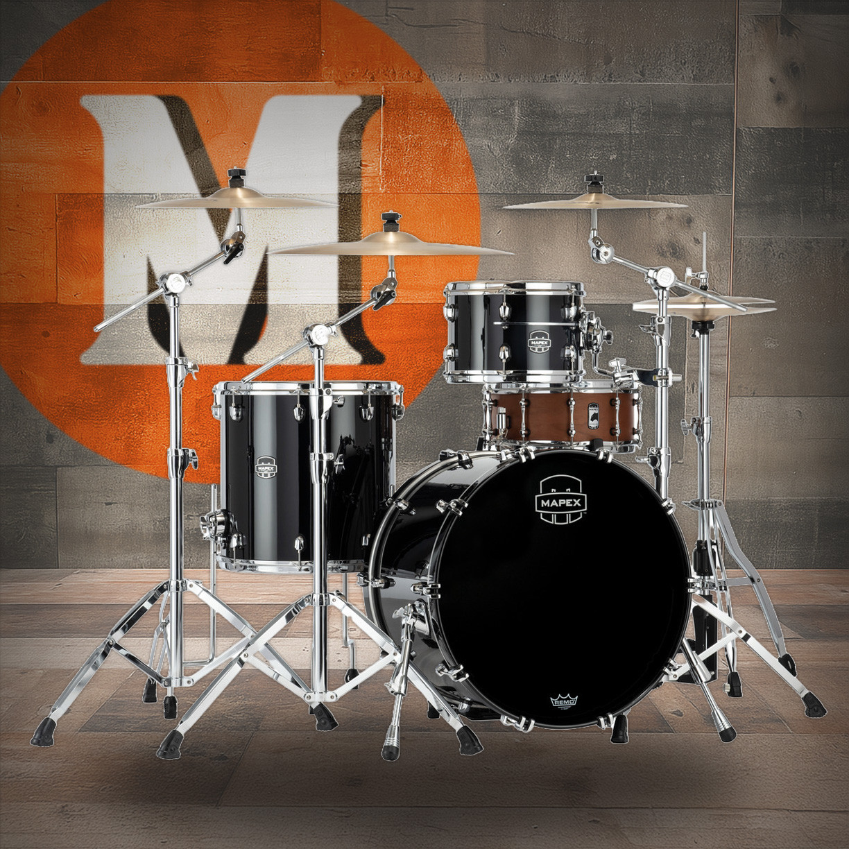 Mapex Saturn Evolution Hybrid Organic Rock 3 Piece Shell Pack Without Snare - Piano Black (SE426XHPB) | Musician Madness