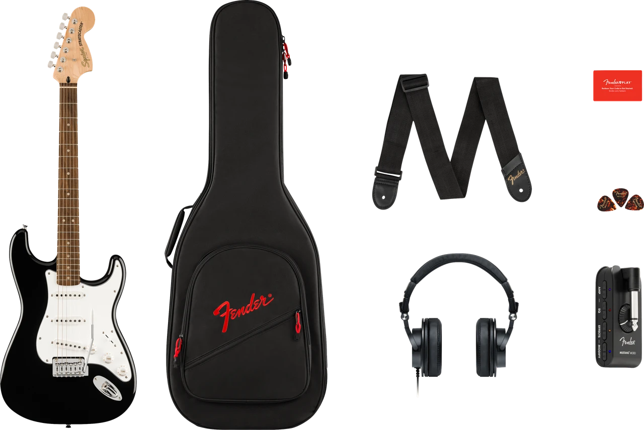 Squier Affinity Series Stratocaster Mustang Micro Pack - Laurel Fingerboard - Black - Gig Bag - HD9 - US - CA - EU - AU - JP | Musician Madness