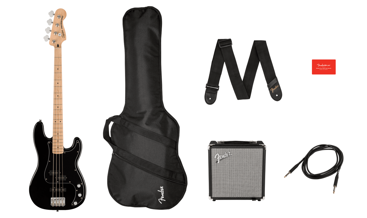 Squier Affinity Series Precision Bass PJ Pack - Maple Fingerboard - Black - Gig Bag - Rumble 15 - 120V | Musician Madness