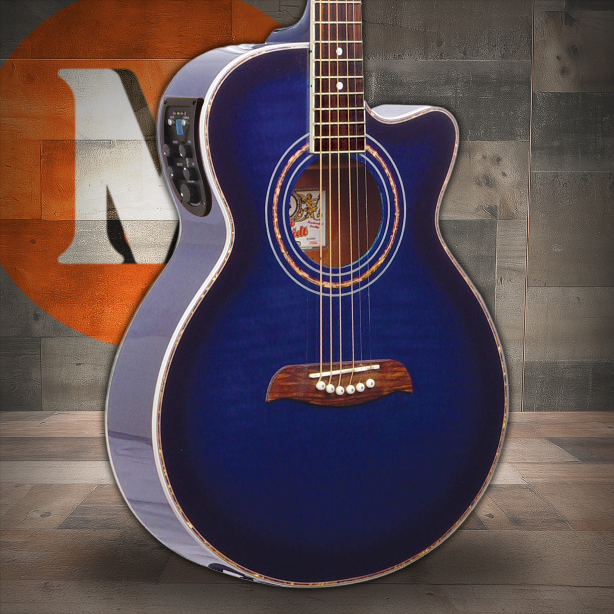 Oscar Schmidt OG10CEFTBL-A Folk Cutaway Acoustic Electric Guitar. Flame Trans Blue (OG10CEFTBL-A-U) | Musician Madness