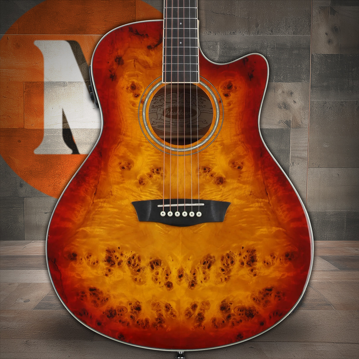 Washburn DFBACEA Deep Forest Burl Grand Auditorium Acoustic Electric Guitar. Amber Fade (DFBACEA) | Musician Madness