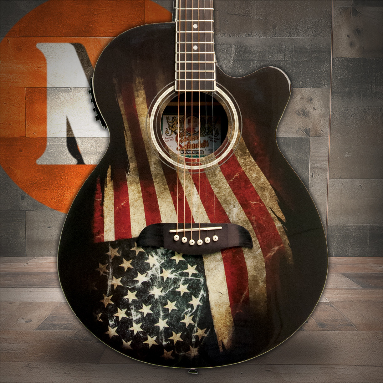 Oscar Schmidt OG10CEFLAG-A-O Folk Cutaway Acoustic Electric Guitar. USA Flag Finish (OG10CEFLAG-A-U) | Musician Madness