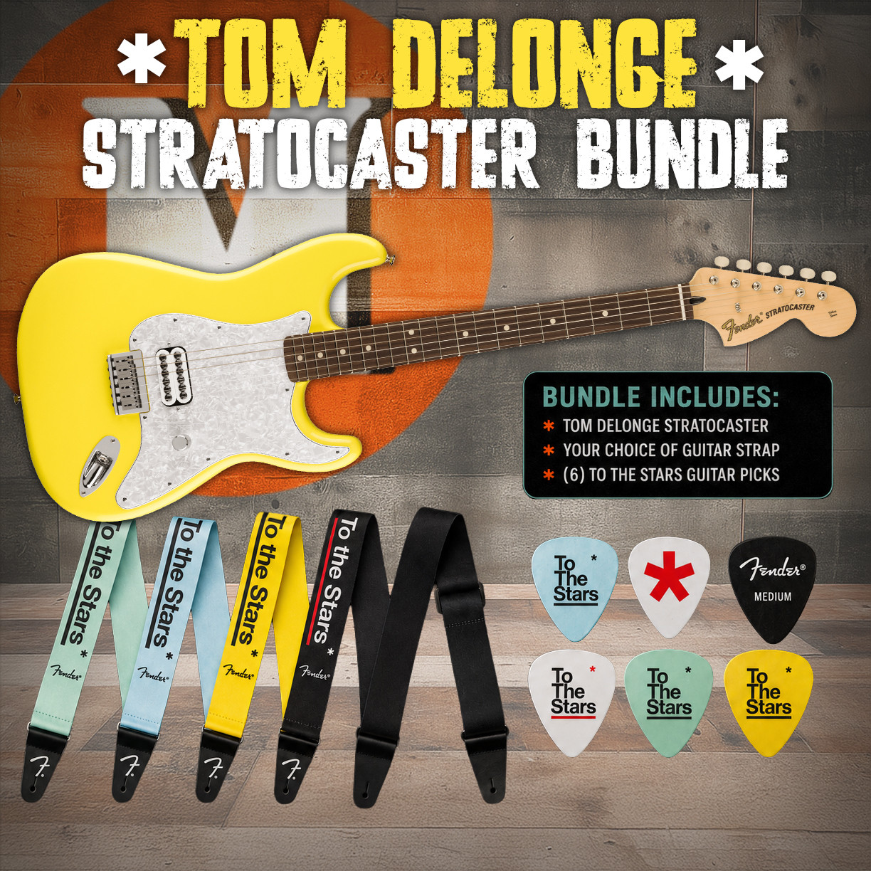 Fender Tom DeLonge Stratocaster Rosewood Fingerboard - Graffiti Yellow Picks & Strap Bundle | Musician Madness