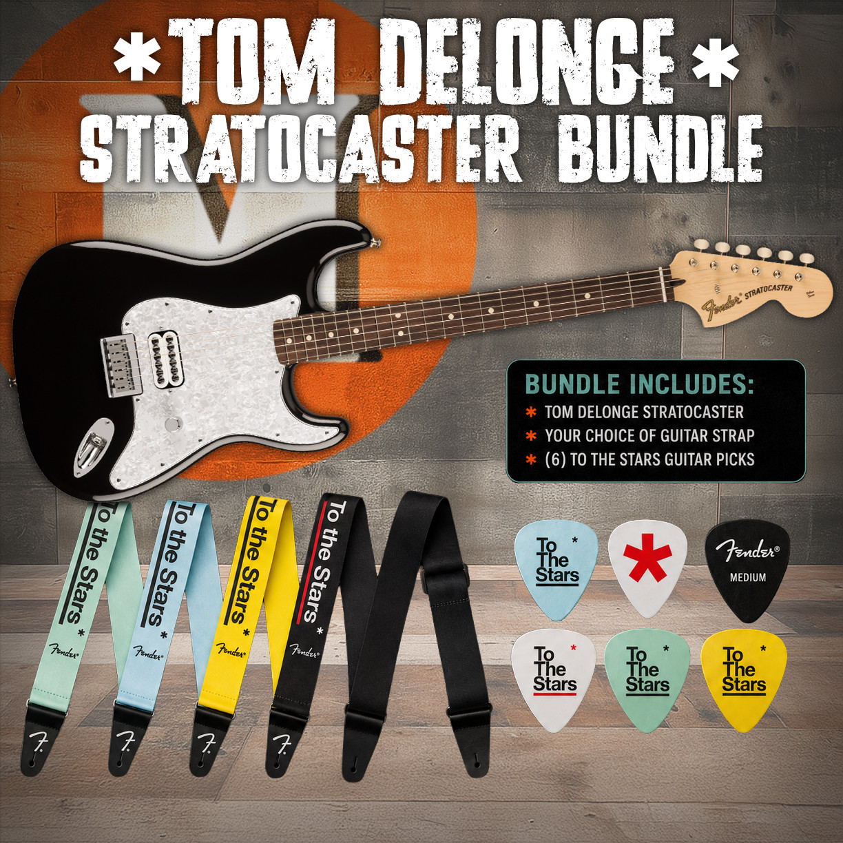 Fender Tom DeLonge Stratocaster Rosewood Fingerboard - Black Picks & Strap Bundle | Musician Madness