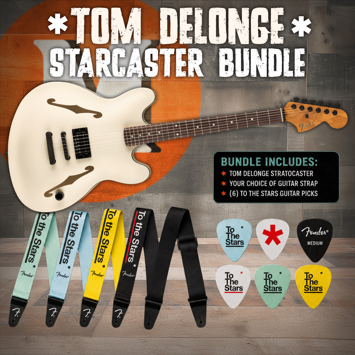 Fender Tom DeLonge Starcaster Rosewood Fingerboard, Black Hardware - Satin Olympic White Picks and Strap Bundle  | Musician Madness