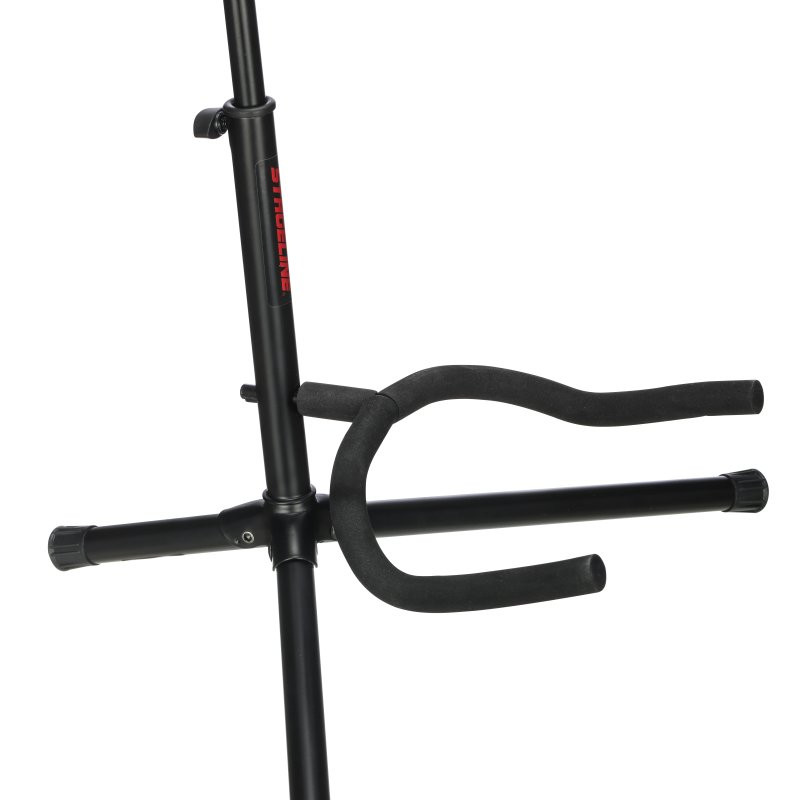 Stageline GS100B Guitar Stand  Universal Cradle for Acoustic & Electric Guitars, Adjustable Height 19?31?, Black Finish with Rubber Padding & Security Strap (GS100B-SLN-U) | Musician Madness