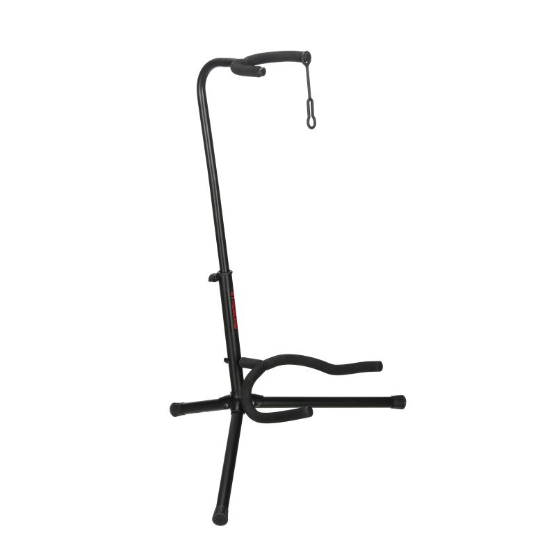 Stageline GS100B Guitar Stand  Universal Cradle for Acoustic & Electric Guitars, Adjustable Height 19?31?, Black Finish with Rubber Padding & Security Strap (GS100B-SLN-U) | Musician Madness