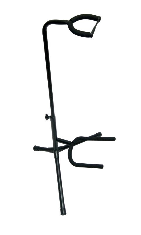 Stageline GS100B Guitar Stand  Universal Cradle for Acoustic & Electric Guitars, Adjustable Height 19?31?, Black Finish with Rubber Padding & Security Strap (GS100B-SLN-U) | Musician Madness