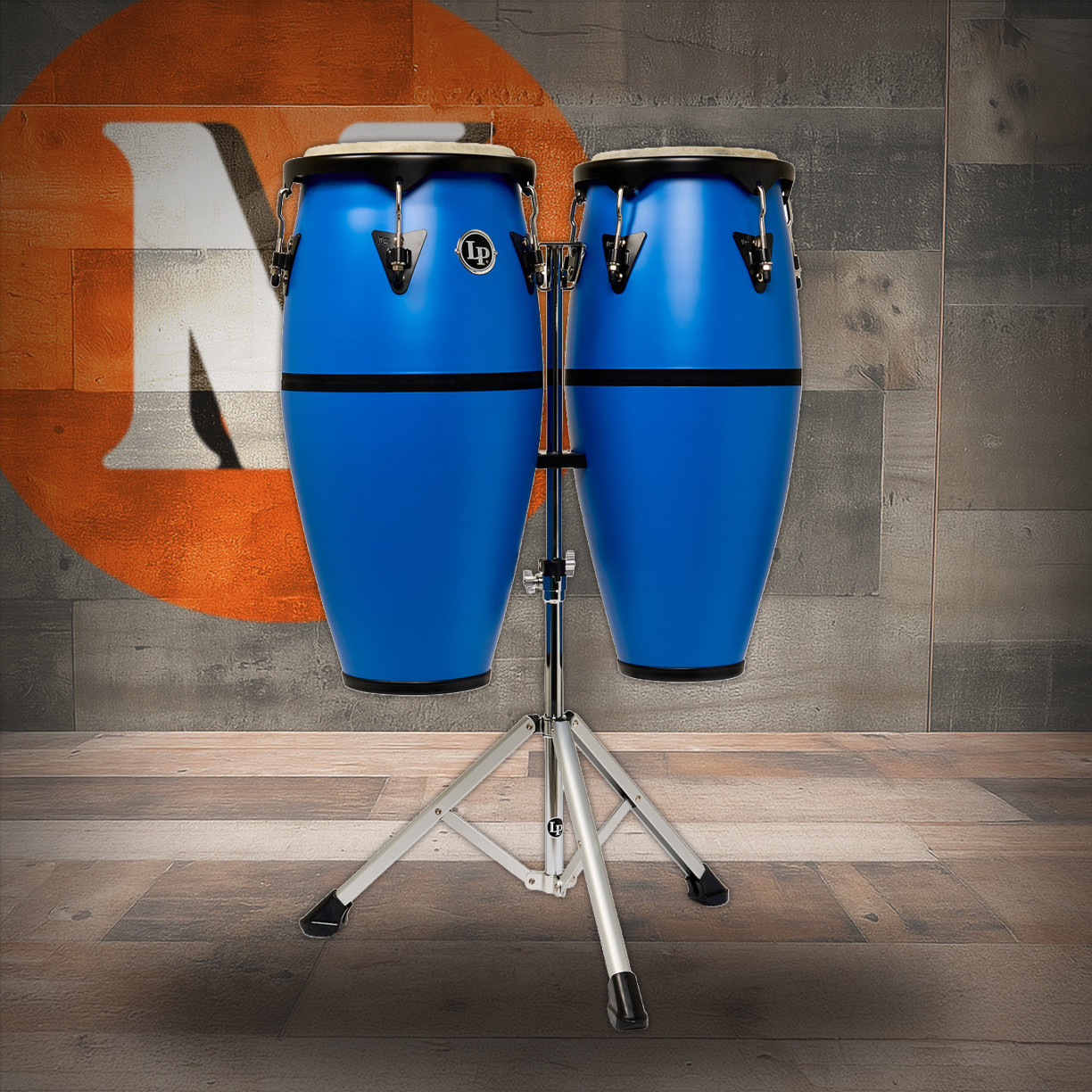 Latin Percussion 10" and 11" Discovery II Conga Set with Aluminum Stand - Race Car Blue (LP646DII-DB) | Musician Madness