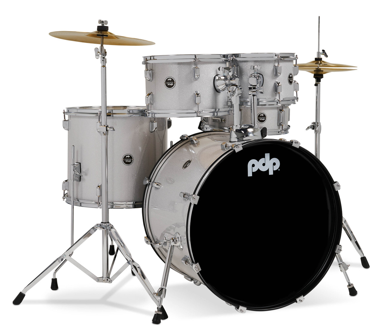 PDP Center Stage 5-Piece Drum Kit with Hardware Cymbals and Throne - Diamond White Sparkle (PDCE2215KTDW) | Musician Madness