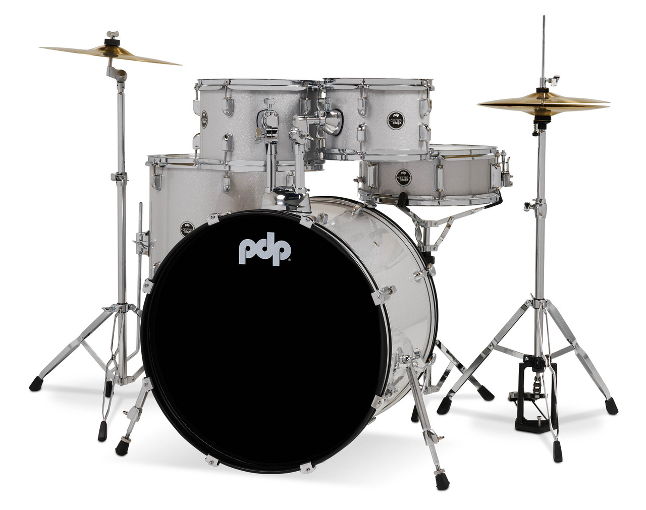 PDP Center Stage 5-Piece Drum Kit with Hardware Cymbals and Throne - Diamond White Sparkle (PDCE2215KTDW) | Musician Madness
