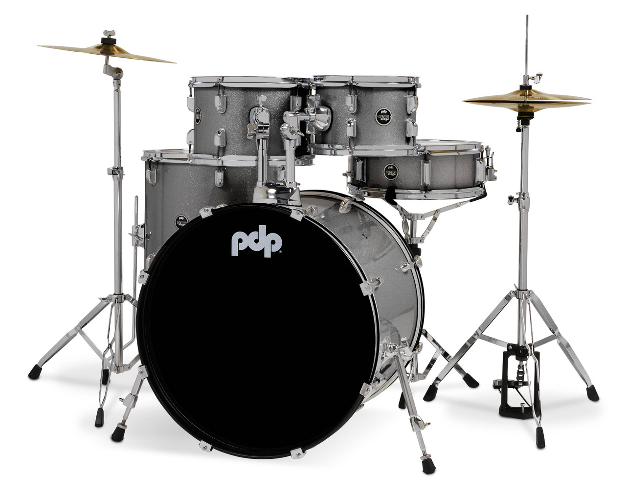 PDP Center Stage 5-Piece Drum Kit with Hardware Cymbals and Throne - Silver Sparkle (PDCE2215KTSS) | Musician Madness