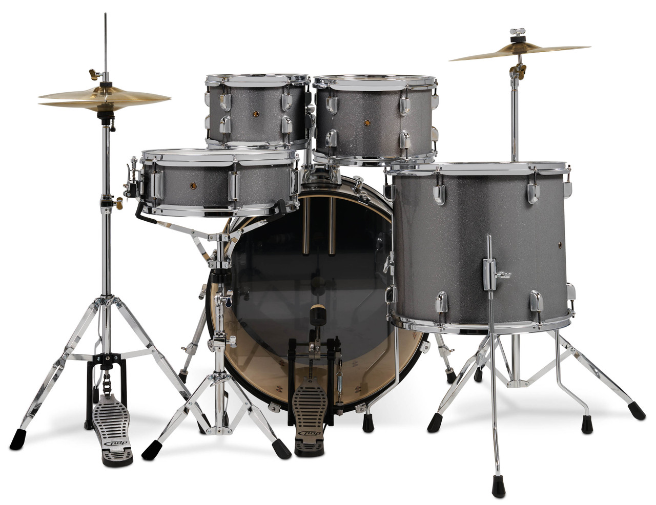 PDP Center Stage 5-Piece Drum Kit with Hardware Cymbals and Throne - Silver Sparkle (PDCE2215KTSS) | Musician Madness
