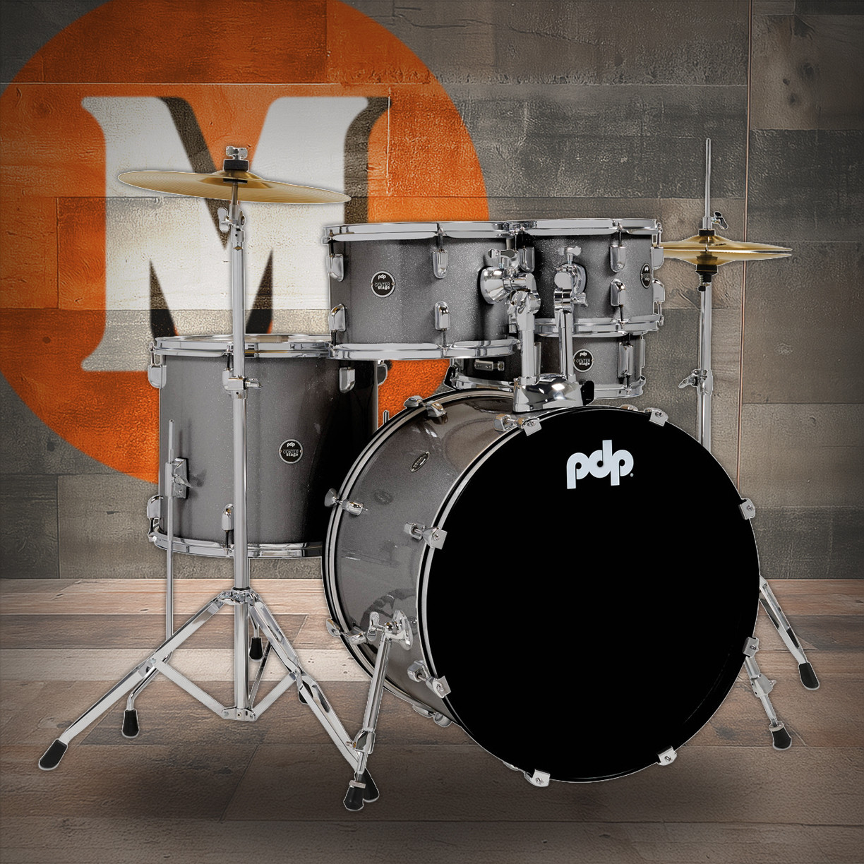 PDP Center Stage 5-Piece Drum Kit with Hardware Cymbals and Throne - Silver Sparkle (PDCE2215KTSS) | Musician Madness