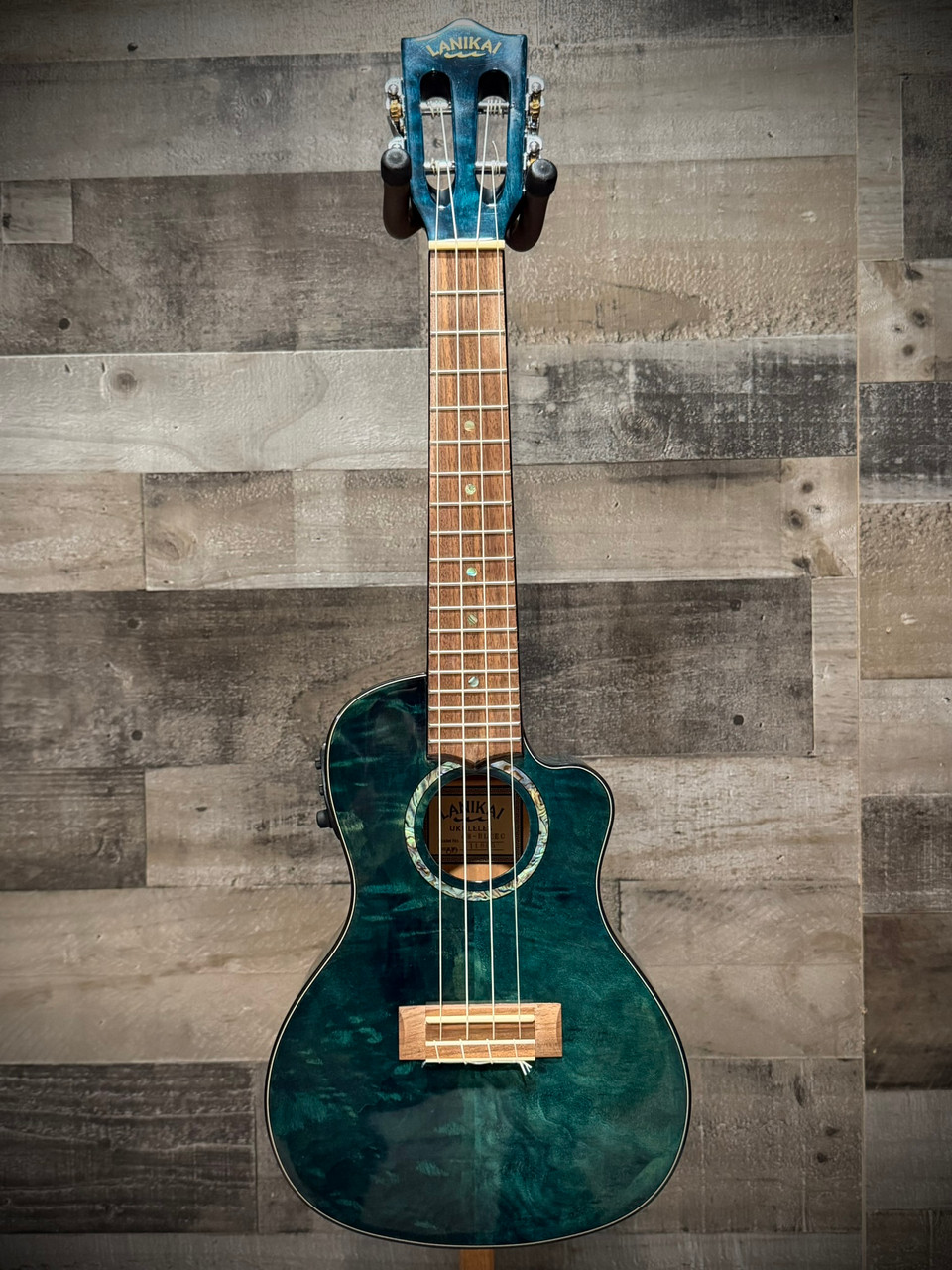 Lanikai Quilted Maple Blue Stain Concert A/E Ukulele w/ Kula Preamp (QM-BLCEC) | Musician Madness