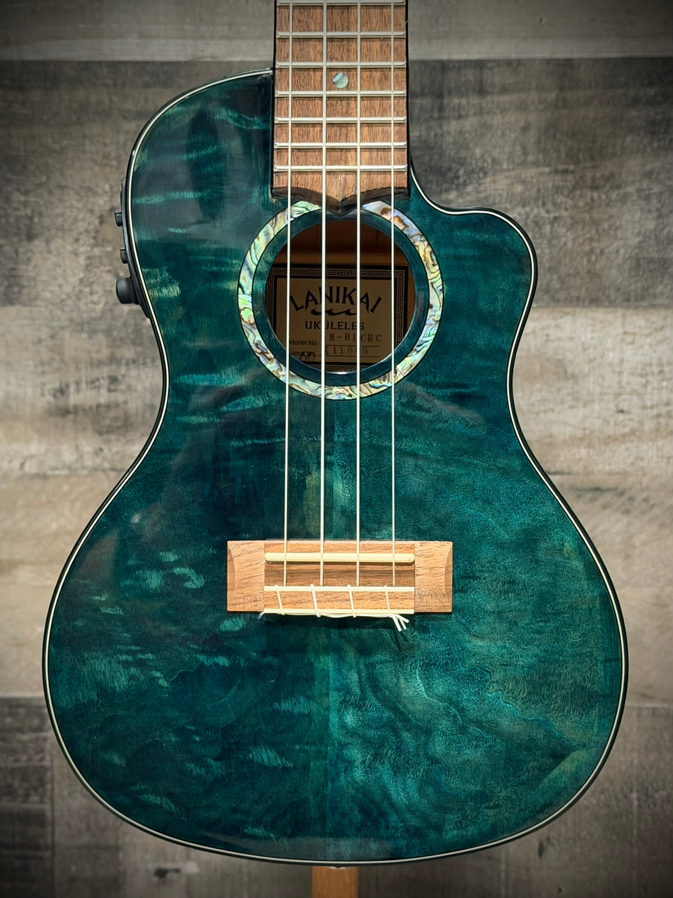 Lanikai Quilted Maple Blue Stain Concert A/E Ukulele w/ Kula Preamp (QM-BLCEC) | Musician Madness