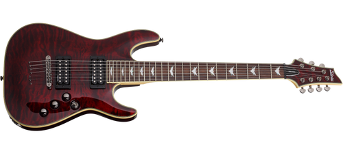 The Schecter Omen Extreme-7 String Electric Guitar (Item #2008) features a stunning Black Cherry quilted maple top over a mahogany body, delivering rich resonance and aggressive bite. Its thin-C maple neck and rosewood fingerboard provide fast, comfortable playability, while Schecter Diamond Plus humbuckers deliver high-output tone suited for metal, rock, and modern extended-range styles. Additional features include black chrome hardware, Tune-O-Matic bridge, and sleek multi-ply binding.