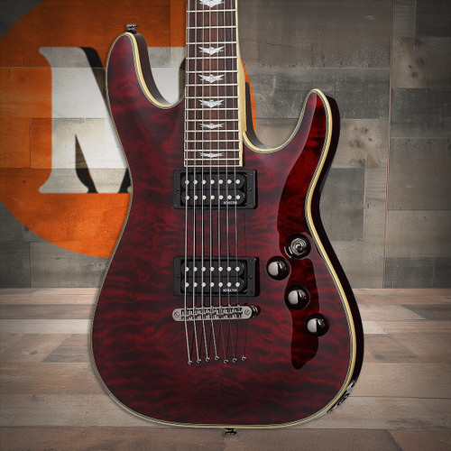 The Schecter Omen Extreme-7 String Electric Guitar (Item #2008) features a stunning Black Cherry quilted maple top over a mahogany body, delivering rich resonance and aggressive bite. Its thin-C maple neck and rosewood fingerboard provide fast, comfortable playability, while Schecter Diamond Plus humbuckers deliver high-output tone suited for metal, rock, and modern extended-range styles. Additional features include black chrome hardware, Tune-O-Matic bridge, and sleek multi-ply binding.