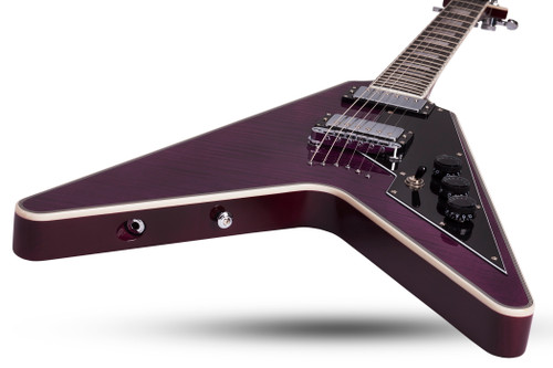 Schecter V-1 Custom Electric Guitar in Trans Purple finish with Flying V body, dual Seymour Duncan humbuckers, and chrome hardware.