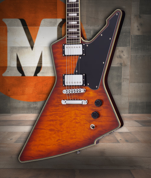 Schecter E-1 Custom Electric Guitar in Vintage Sunburst finish with Explorer-style body, dual humbuckers, and chrome hardware.