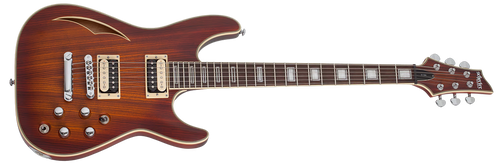 Schecter C-1 E/A Electric Guitar in Ca-s Eye finish with semi-hollow body design, dual pickups, and chrome hardware.