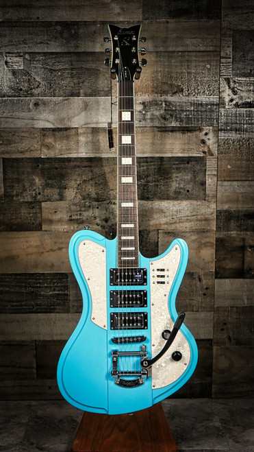 Schecter Ultra III Electric Guitar in Vintage Blue finish with chrome hardware, retro body shape, and three-pickup configuration.