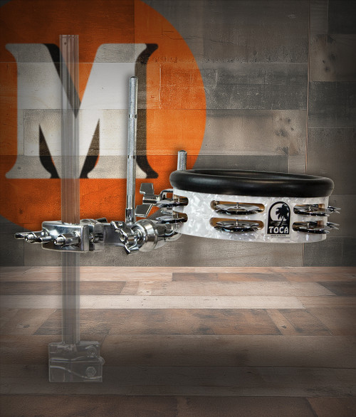 Image of the Toca Jingle Hit 6" Tambourine with Gibraltar Mount (TD-JHMTP1), showing the compact frame, bright jingles, and sturdy mounting hardware.