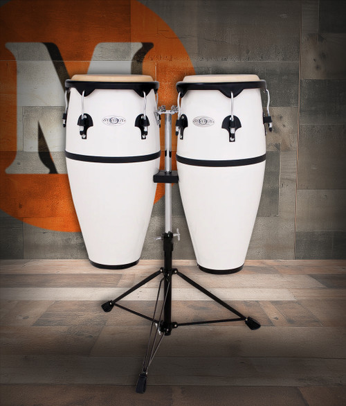 The Toca Synergy Fiberglass Conga Set (2300FWH) includes 10" and 11" congas constructed from durable, lightweight fiberglass for bright, cutting tones and excellent projection. Finished in a clean white color with black hardware, this set comes with a sturdy double conga stand, making it ideal for students, practice rooms, performance setups, and educational environments.