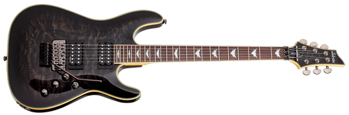 Schecter Omen Extreme FR Electric Guitar - See-Thru Black finish with quilted maple top, Floyd Rose tremolo, and dual humbuckers delivering aggressive tone and smooth playability