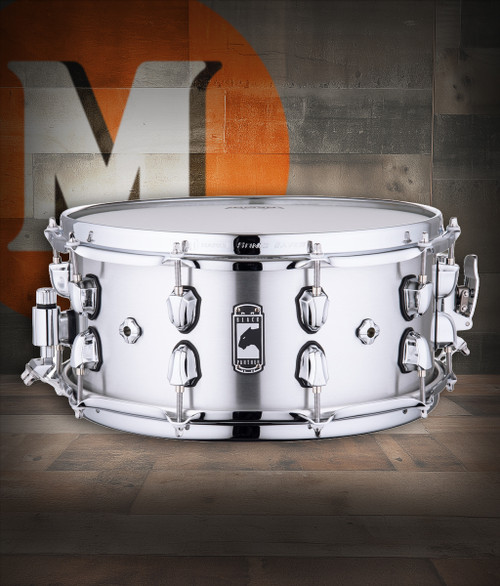 Mapex Black Panther Atomizer 14" x 6.5" Snare Drum (BPNAL4651CN) featuring a seamless aluminum shell, brushed finish, and crisp projection with balanced tone and clarity.
