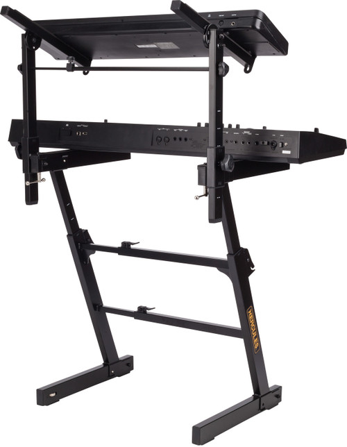Hercules KS410B Auto Lock Double-Tier Z Keyboard Stand featuring a sturdy Z-frame, Auto Lock height/width adjustment, dual tiers for two keyboards, and heavy-duty construction for stage and studio use.