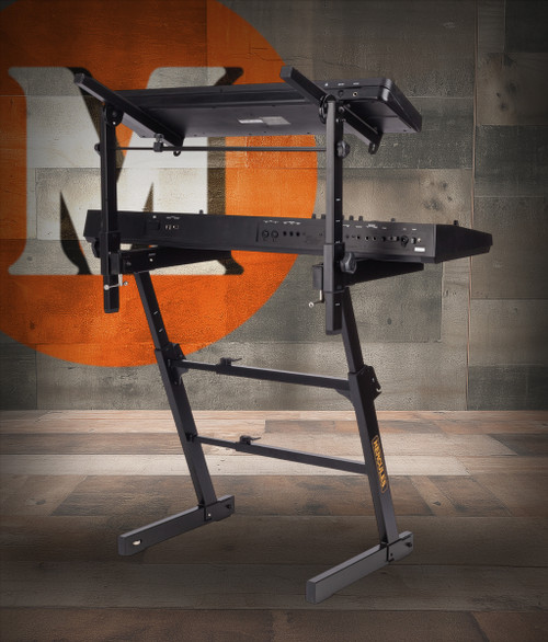 Hercules KS410B Auto Lock Double-Tier Z Keyboard Stand featuring a sturdy Z-frame, Auto Lock height/width adjustment, dual tiers for two keyboards, and heavy-duty construction for stage and studio use.