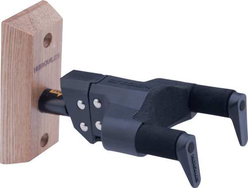 Hercules USP10WB Ukulele Hanger with Wood Base featuring a wooden mounting plate, foam-padded yoke arms, and universal compatibility for all ukulele sizes.