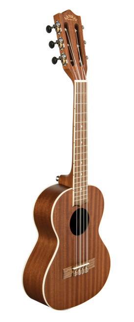 The Lanikai MA-6T Tenor Ukulele features a mahogany top, back, and sides that deliver warm, resonant tone with smooth mids. Its 6-string configuration pairs strings in octave and unison courses, adding depth and fullness to chords and melodies. With comfortable tenor sizing, quality tuners, and clean craftsmanship, i-s an excellent choice for players seeking a lush, full-bodied ukulele sound.