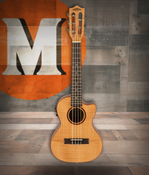 The Lanikai FM-5CET 5-String Tenor Ukulele features a flame maple top, back, and sides for bright, articulate tone with eye-catching visual depth. The 5-string configuration adds a high and low G for expanded range and fuller chord voicings. Its cutaway design improves upper-fret access, while the FishmanÃ‚Â® Kula preamp delivers clean, natural amplified sound. Ideal for performers and players looking for a unique, expressive ukulele.