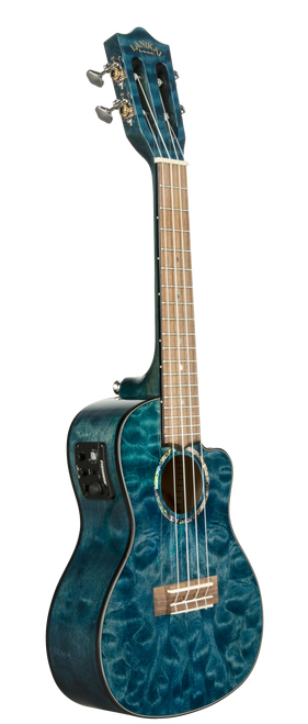 The Lanikai QM-BLCEC Concert Acoustic-Electric Ukulele features a beautifully figured quilted maple top, back, and sides topped with a vivid Blue Stain finish. Its concert-size body provides warm projection and comfortable playability. Equipped with a Kula preamp system, it delivers clear, natural amplified sound for stage or studio use. Premium binding, chrome open-back tuners, and a smooth neck make this a visually stunning and highly playable instrument.
