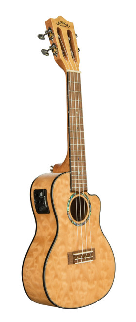 The Lanikai QM-NACEC Concert Ukulele features beautifully figured quilted maple on the top, back, and sides, offering bright, articulate tone and striking visual appeal. Its cutaway design allows easy access to upper frets, while the onboard FishmanÂ® Kula preamp with tuner provides clean, natural amplification. Smooth fretwork, elegant binding, and premium craftsmanship make this ukulele perfect for stage performance and serious players.