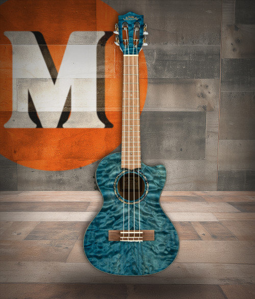 Lanikai Quilted Maple Blue Stain Tenor Cutaway A/E Ukulele w/ Kula Preamp (QM-BLCET) | Musician Madness
