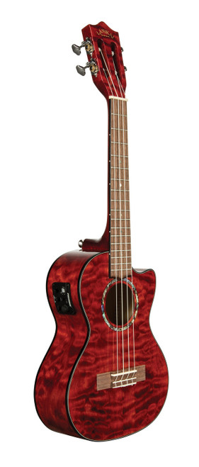 The Lanikai QM-RDCET Tenor Ukulele features a beautifully figured quilted maple top, back, and sides with a vivid red stain finish that delivers both visual impact and bright, clear tone. The cutaway design allows effortless upper-fret access, while the FishmanÂ® Kula preamp with onboard tuner ensures clean, reliable amplification. With refined craftsmanship and high-end appointments, this uke is ideal for live performers and players seeking premium sound with eye-catching style.