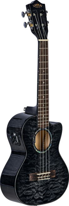 The Lanikai QM-BKCET Tenor Ukulele features a stunning quilted maple top, back, and sides finished in an elegant Black Stain. Its tenor size offers full, resonant projection, while the cutaway design provides easy access to upper frets. Equipped with the FishmanÂ® Kula preamp and onboard tuner, this uke delivers clean, natural amplified toneâ€”perfect for performing musicians seeking standout aesthetics and premium sound quality.